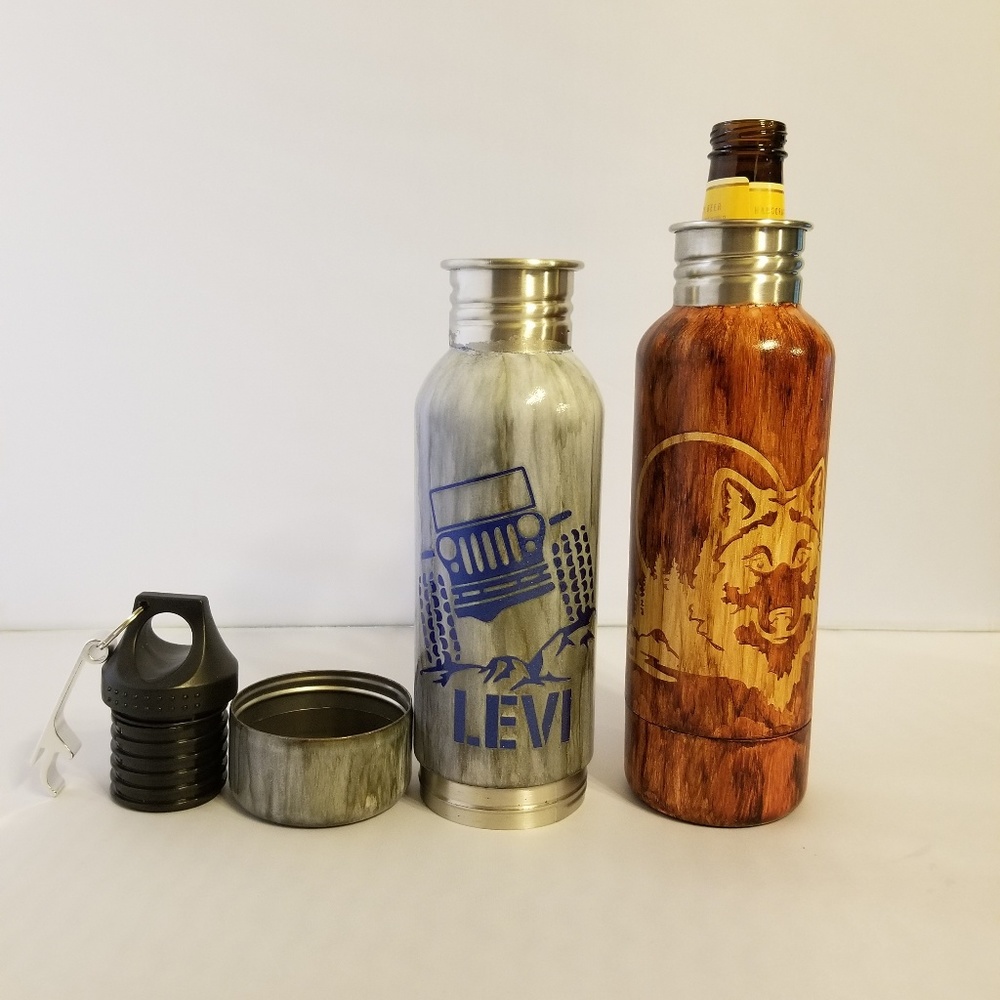 Custom wood grain stainless beer bottle koozie